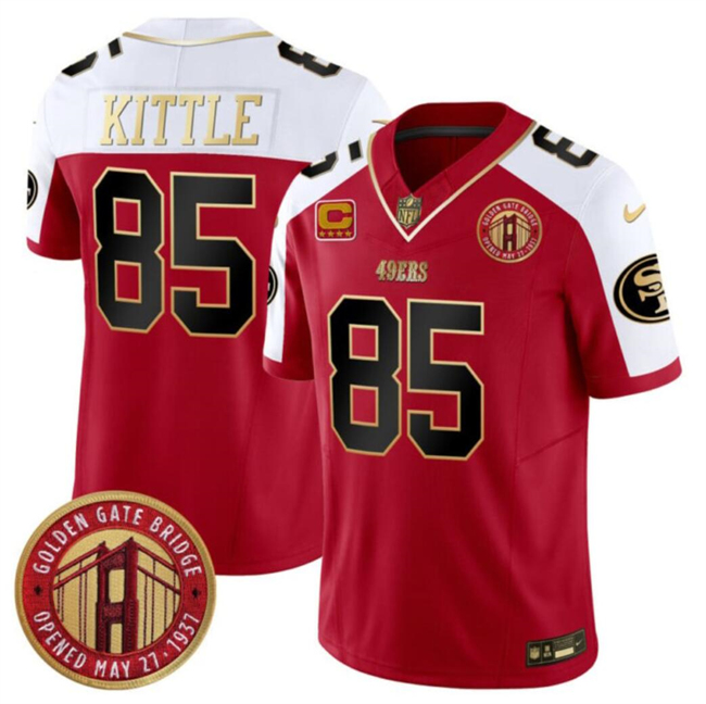 Men's San Francisco 49ers #85 George Kittle Red/White F.U.S.E. With 4-Star C Patch Golden Gate Bridge Patch Alternate Vapor Limited Football Stitched Jersey